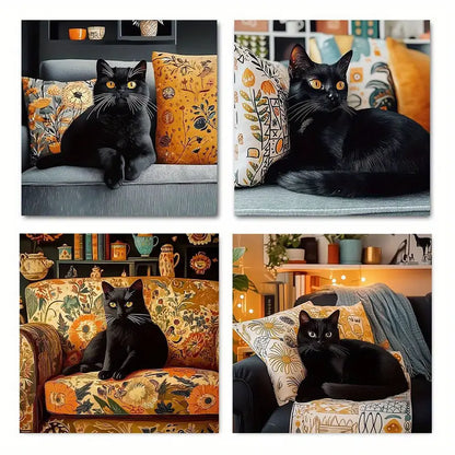 4pcs  Black Cat Art Deco Wall Art Canvas Framed