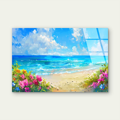 Blue Ocean Beach Wildflowers Acrylic Glass Printing Wall Art Australian Made Quality