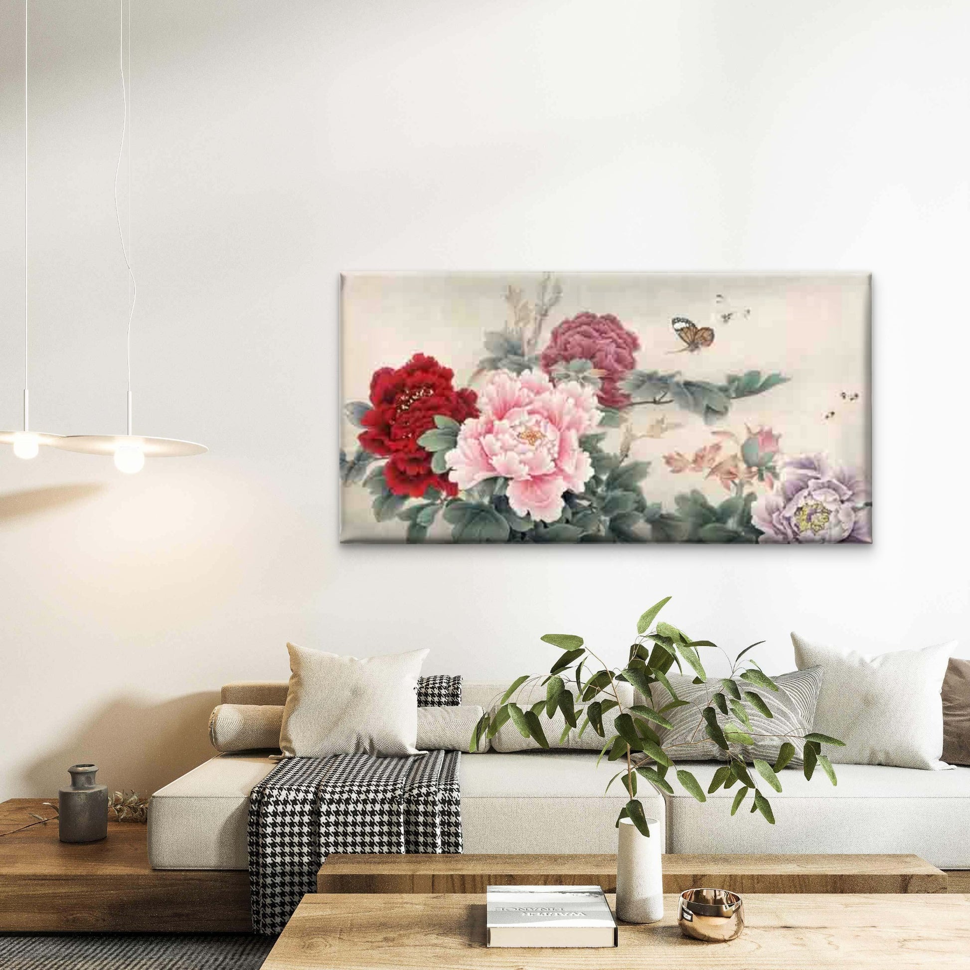 Blooming Peonies And Butterflie Wall Art Canvas Office Home Room Framed 120x60cm - Bella Home Decor