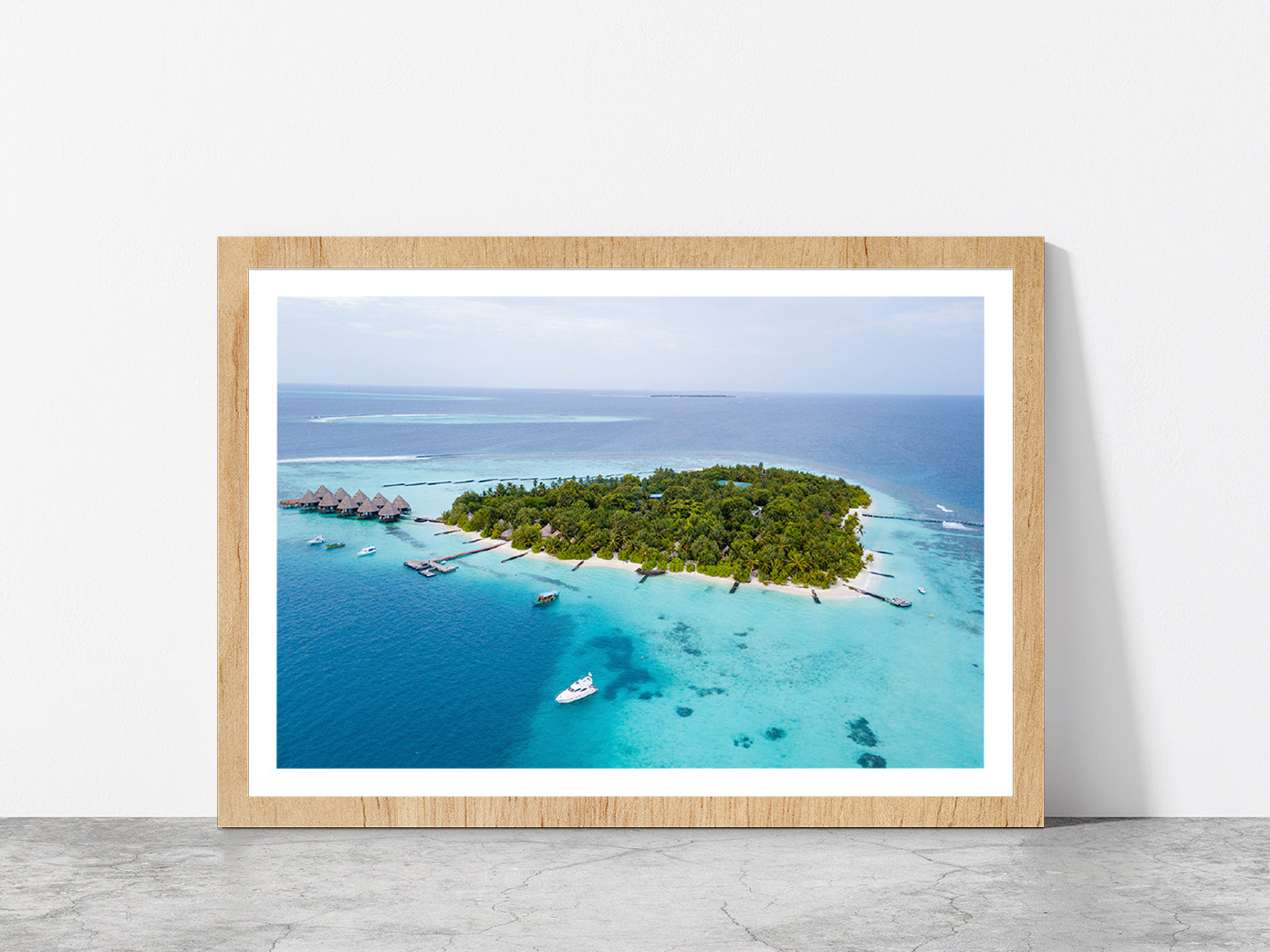 Palm Trees & Sandy Dream Beaches Glass Framed Wall Art, Ready to Hang Quality Print With White Border Oak