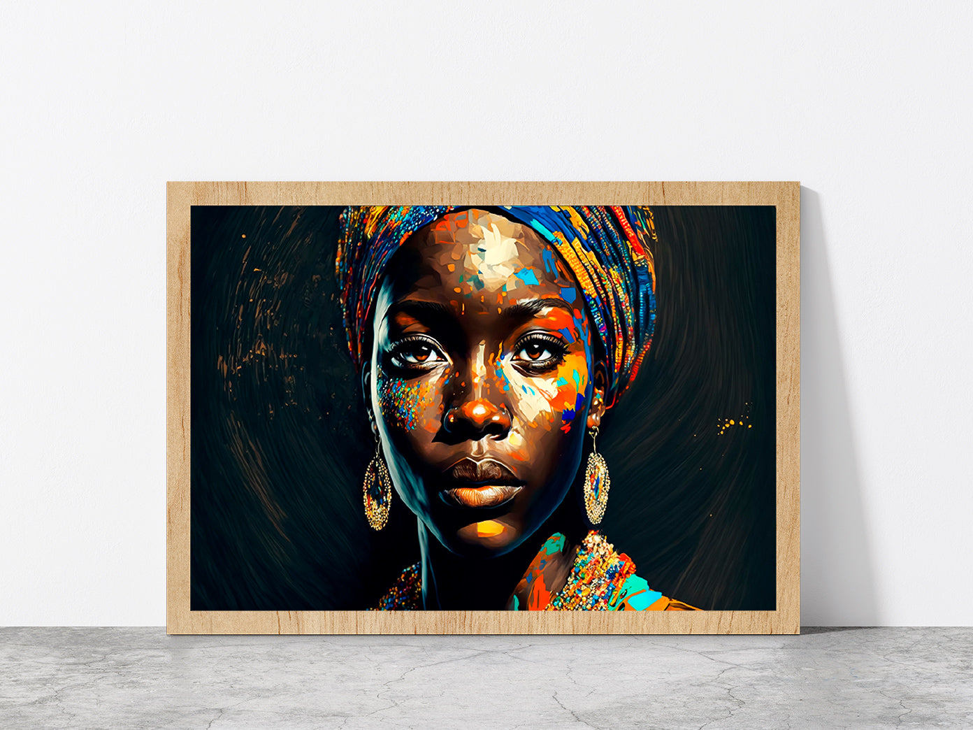 Black Woman Colorful Painting Glass Framed Wall Art, Ready to Hang Quality Print Without White Border Oak