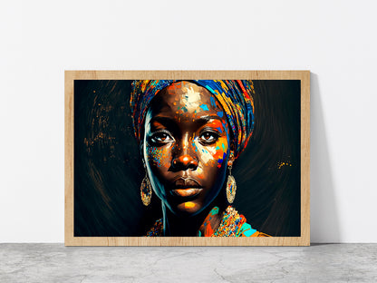 Black Woman Colorful Painting Glass Framed Wall Art, Ready to Hang Quality Print Without White Border Oak