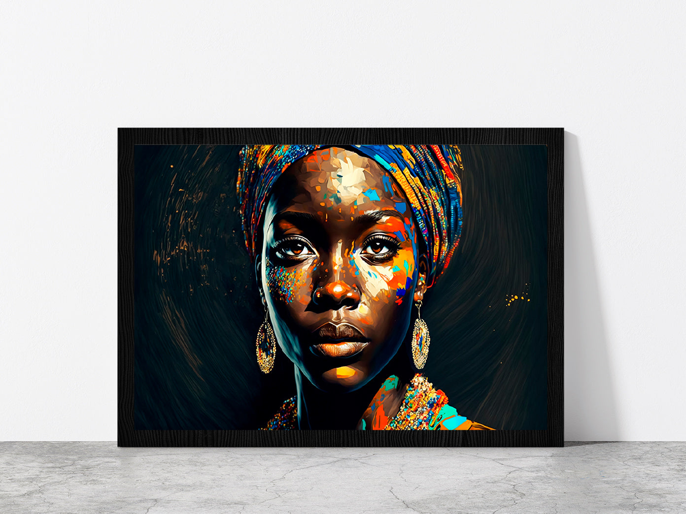 Black Woman Colorful Painting Glass Framed Wall Art, Ready to Hang Quality Print Without White Border Black
