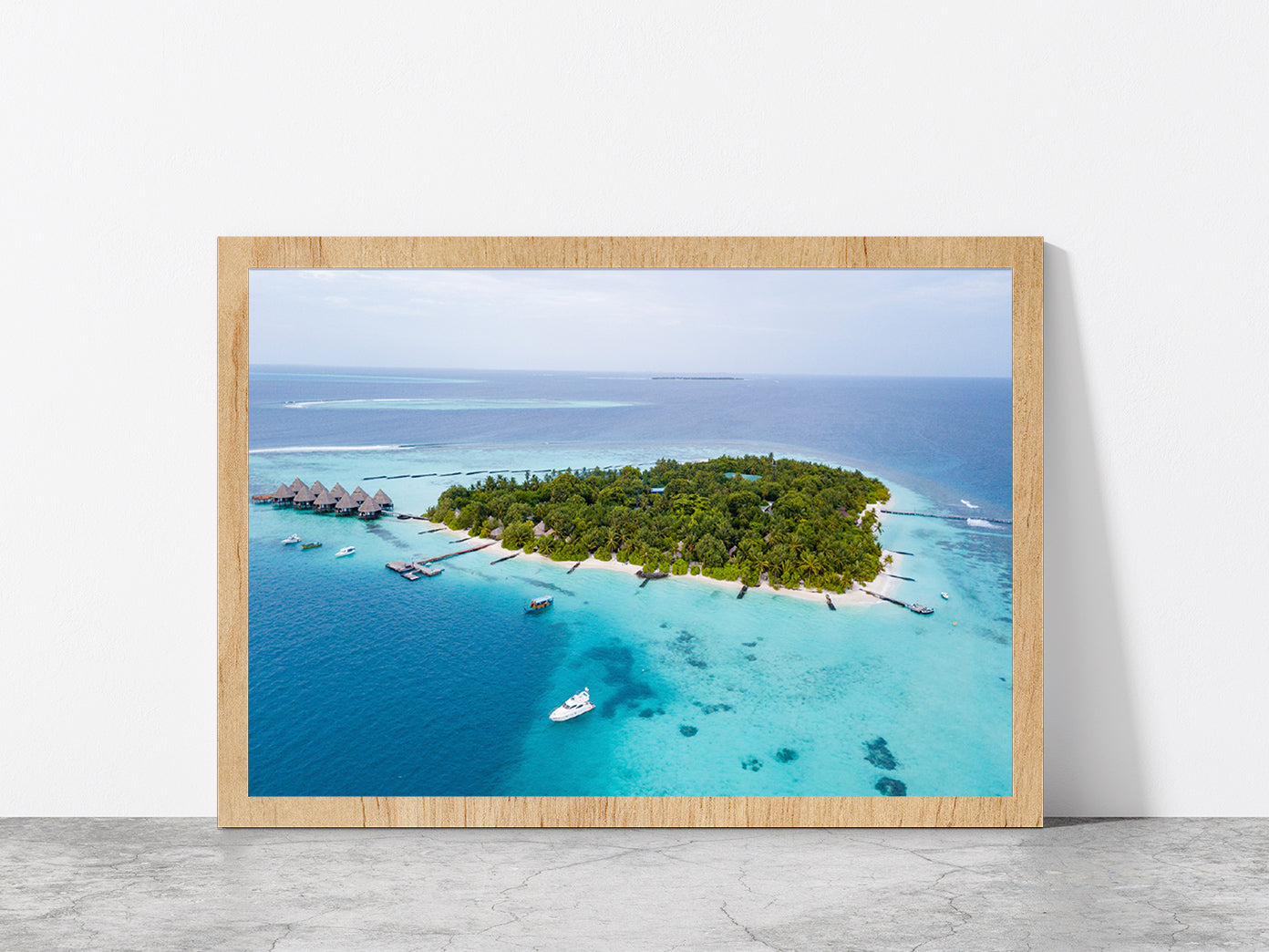 Palm Trees & Sandy Dream Beaches Glass Framed Wall Art, Ready to Hang Quality Print Without White Border Oak