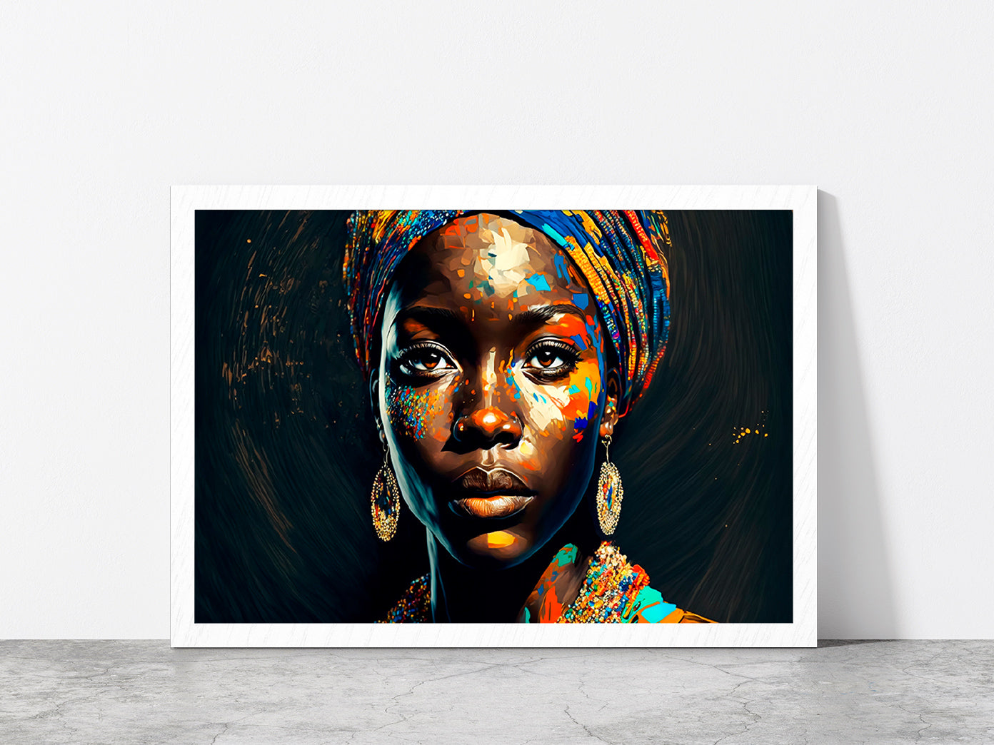 Black Woman Colorful Painting Glass Framed Wall Art, Ready to Hang Quality Print Without White Border White