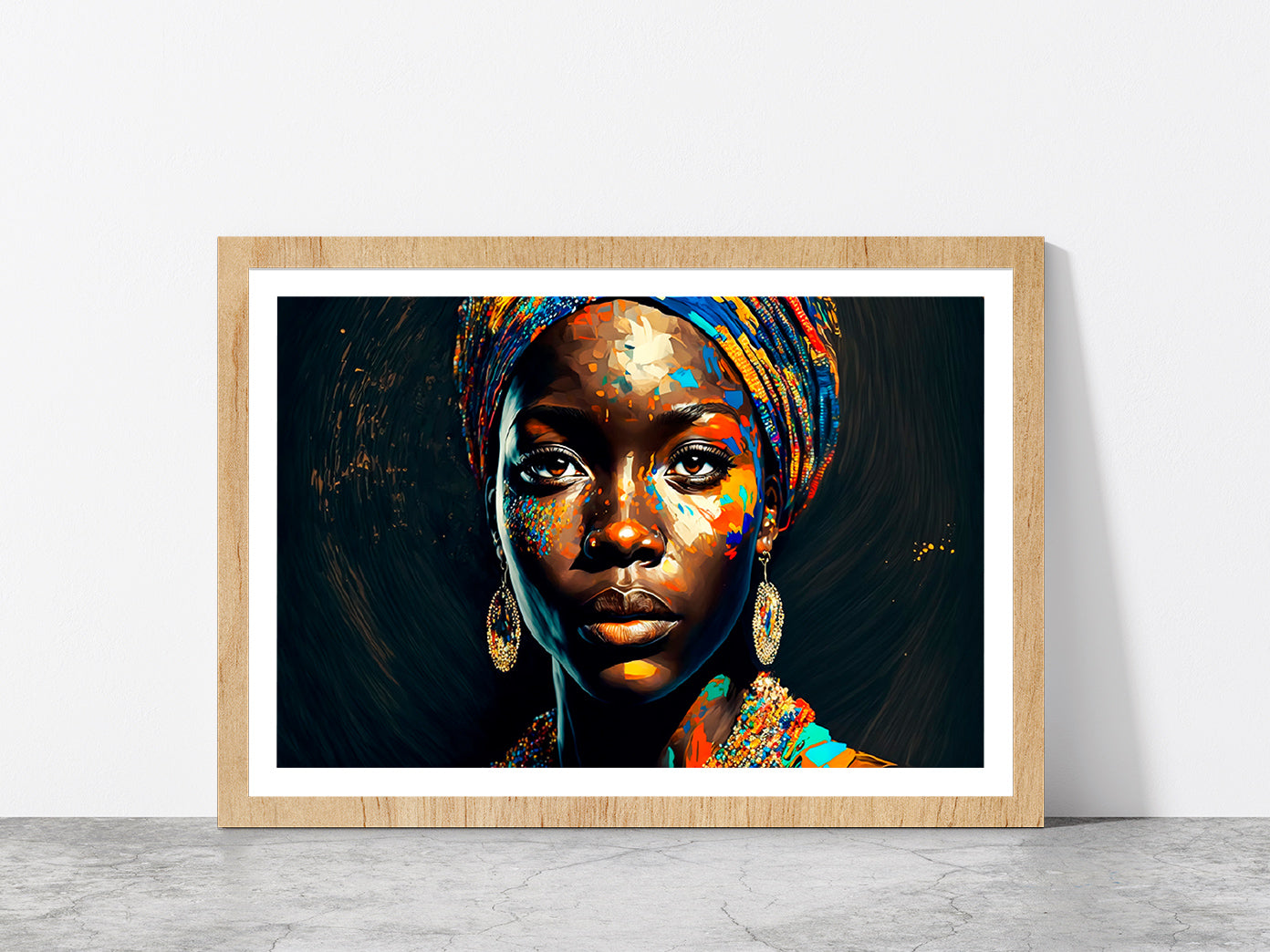 Black Woman Colorful Painting Glass Framed Wall Art, Ready to Hang Quality Print With White Border Oak
