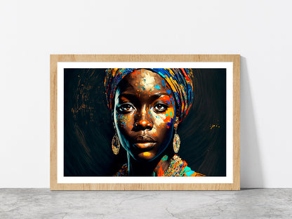 Black Woman Colorful Painting Glass Framed Wall Art, Ready to Hang Quality Print With White Border Oak