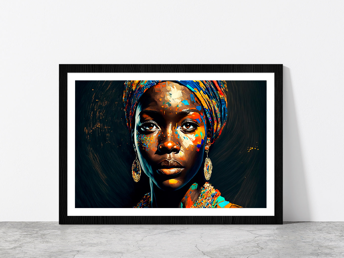 Black Woman Colorful Painting Glass Framed Wall Art, Ready to Hang Quality Print With White Border Black