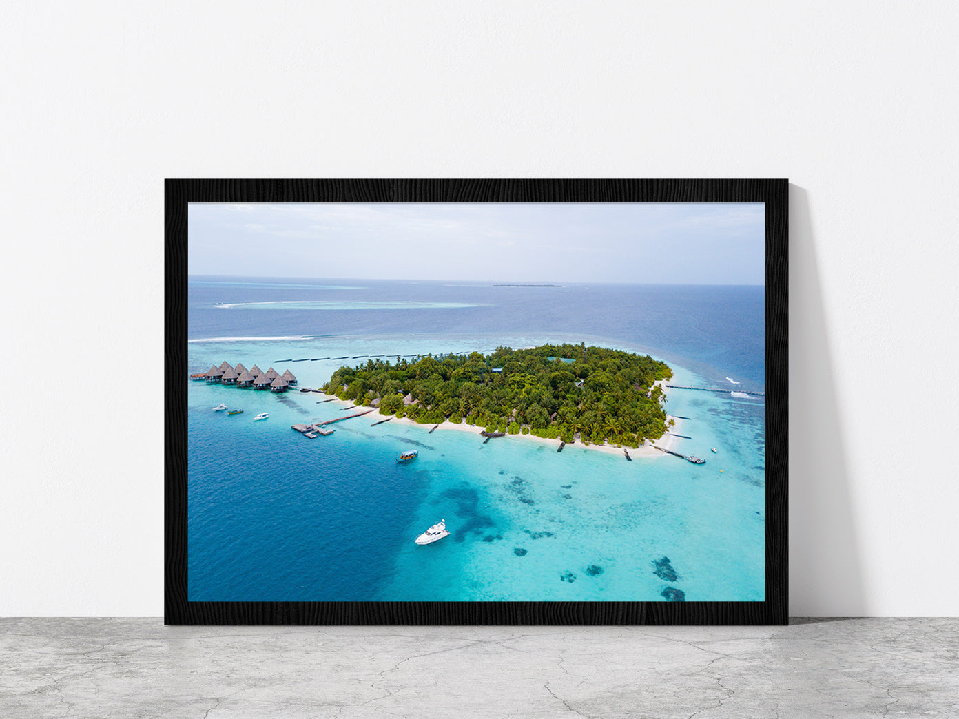 Palm Trees & Sandy Dream Beaches Glass Framed Wall Art, Ready to Hang Quality Print Without White Border Black