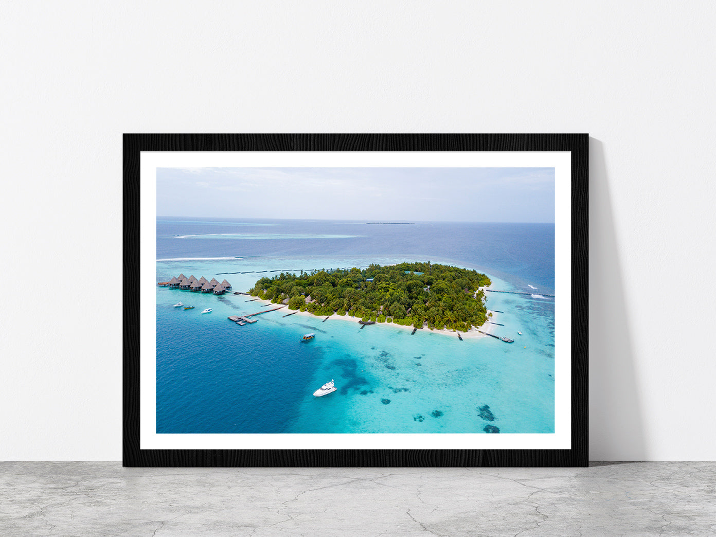 Palm Trees & Sandy Dream Beaches Glass Framed Wall Art, Ready to Hang Quality Print With White Border Black