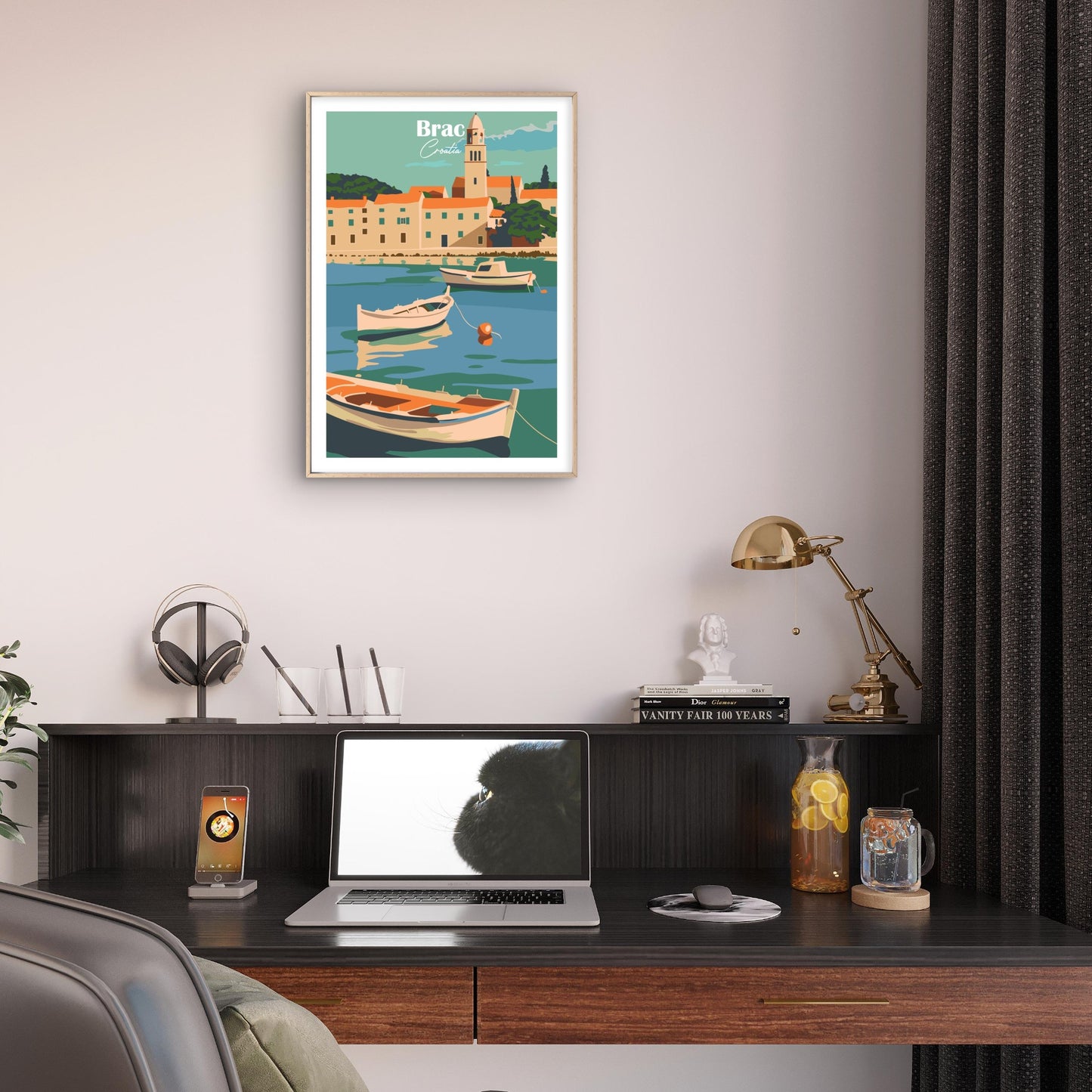 Beautiful Coastal Harbor In Brač Croatia Vintage Travel Poster Print Wall Art