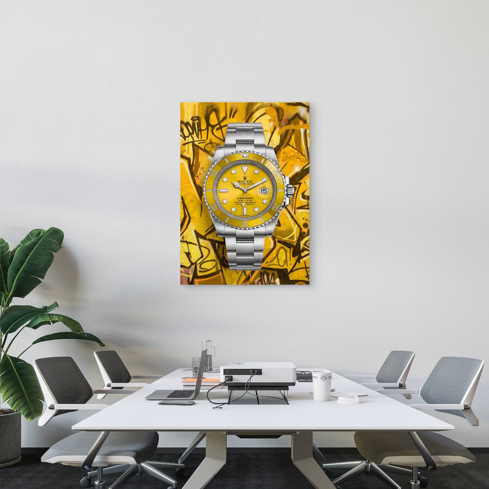 Yellow Luxury Watch Graffiti 40x60cm Metal Print Ready to Hang - Bella Home Decor