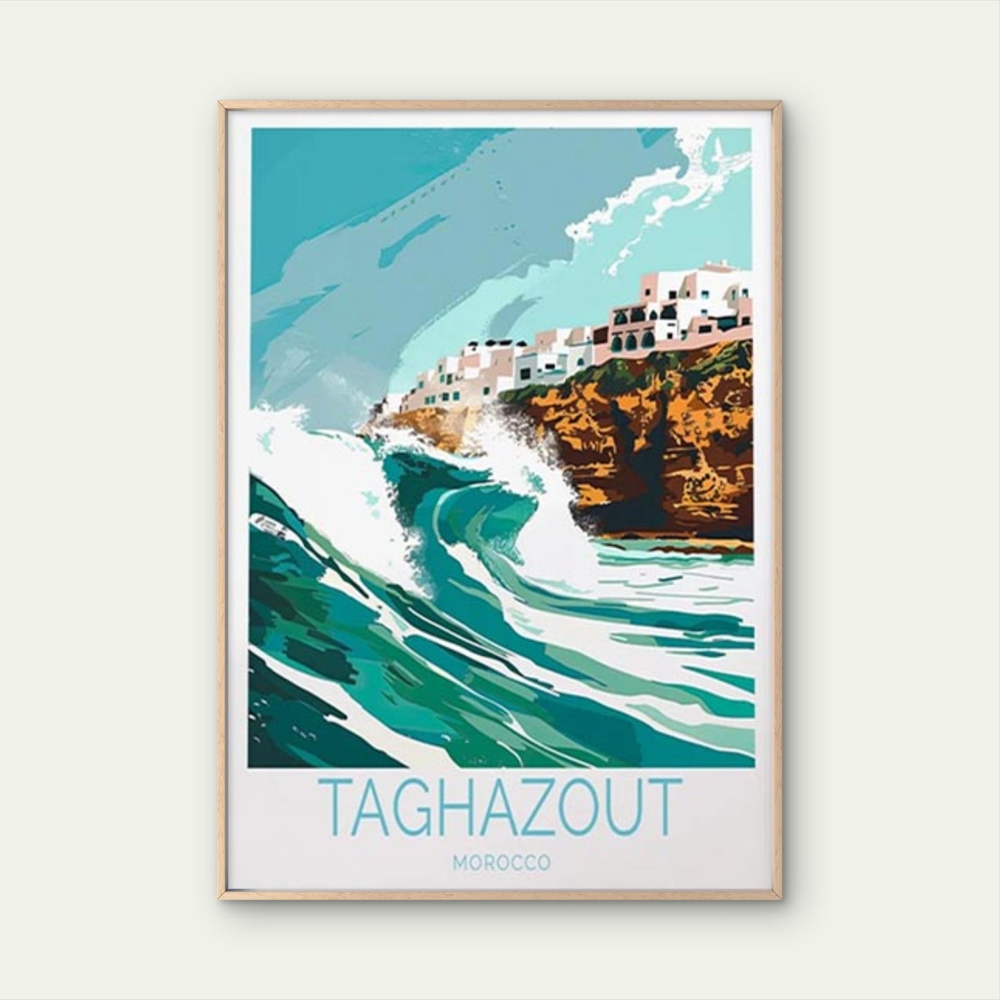 Taghazout Morocco, Big Waves and Houses Travel Poster Print Wall Art - Bella Home Decor