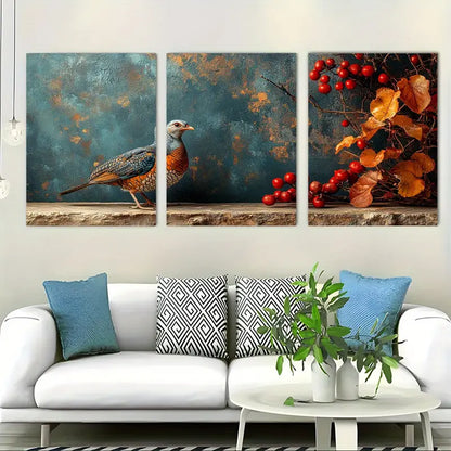 3pcs Vintage Wild Turkeys & Berry Branches Metal Print Ready to Hang Art