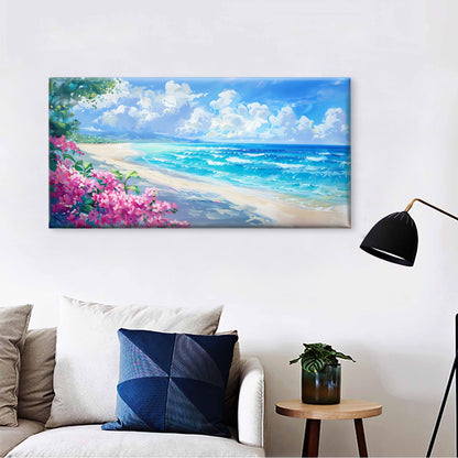 Tropical Beach Pink Flowers Wall Art Canvas Office Home Room Framed 120x60cm