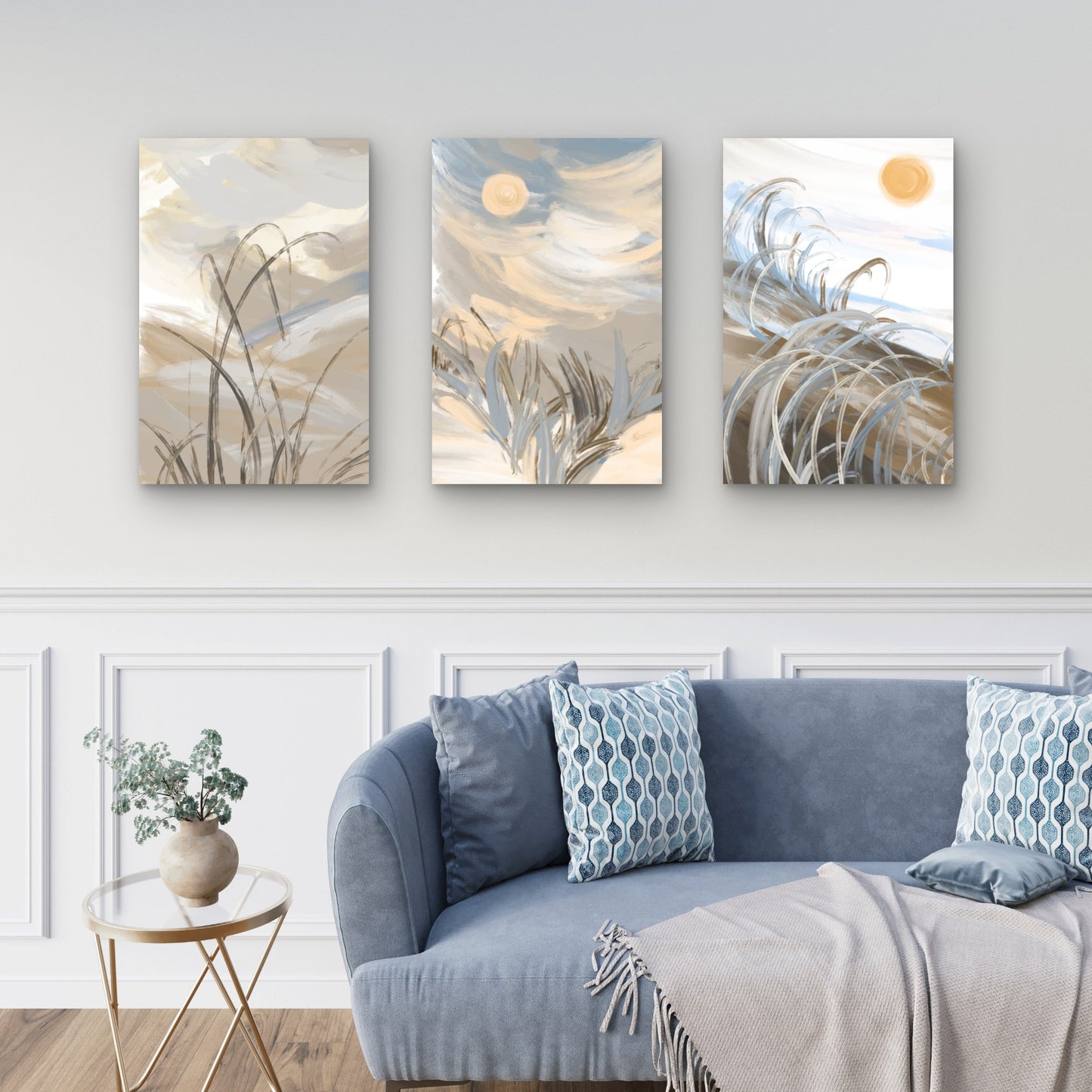 3pcs Coastal Beach Grass Abstract Modern  Wall Art Set Canvas Framed 40x60cm - High Quality Print 100% Australian Made Wall Canvas Ready to Hang