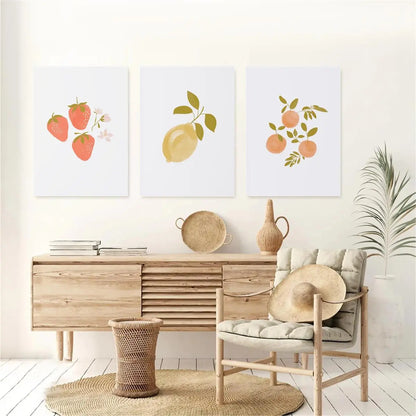 3pcs Watercolor Strawberry, Pear, Apple Classic Design Metal Print Ready to Hang Art