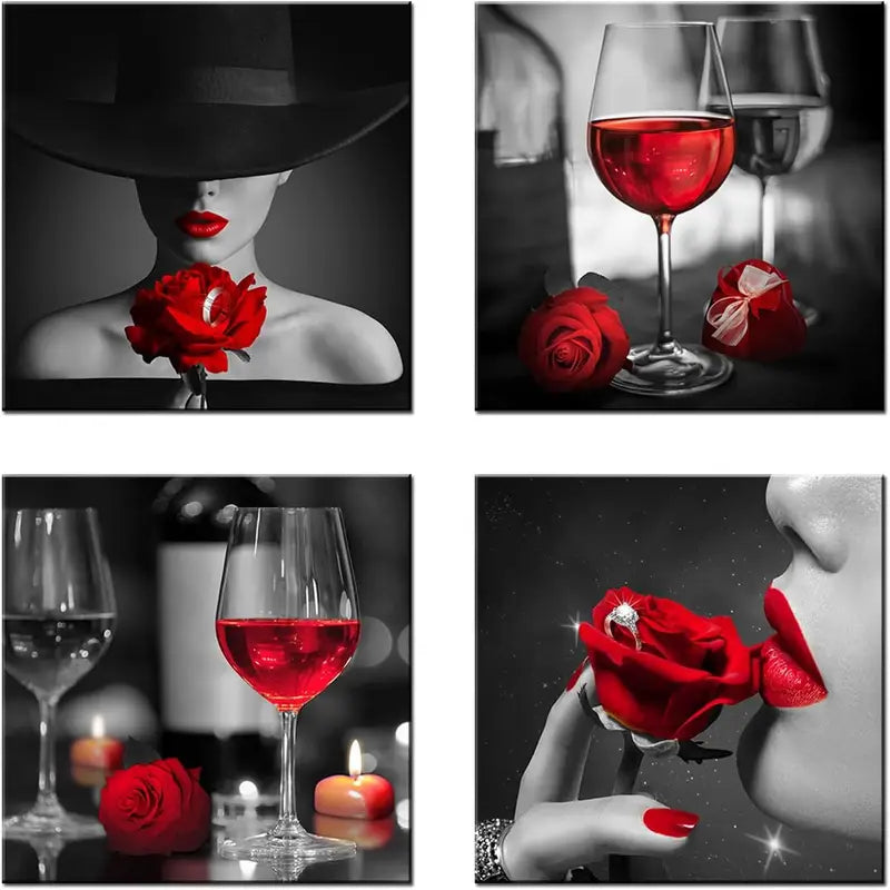 4pcs  Red Rose Wine Glasses  Wall Art Canvas Framed