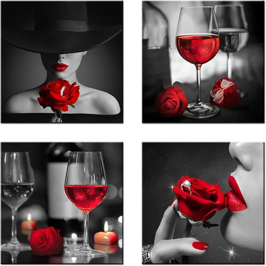 4pcs  Red Rose Wine Glasses  Wall Art Canvas Framed
