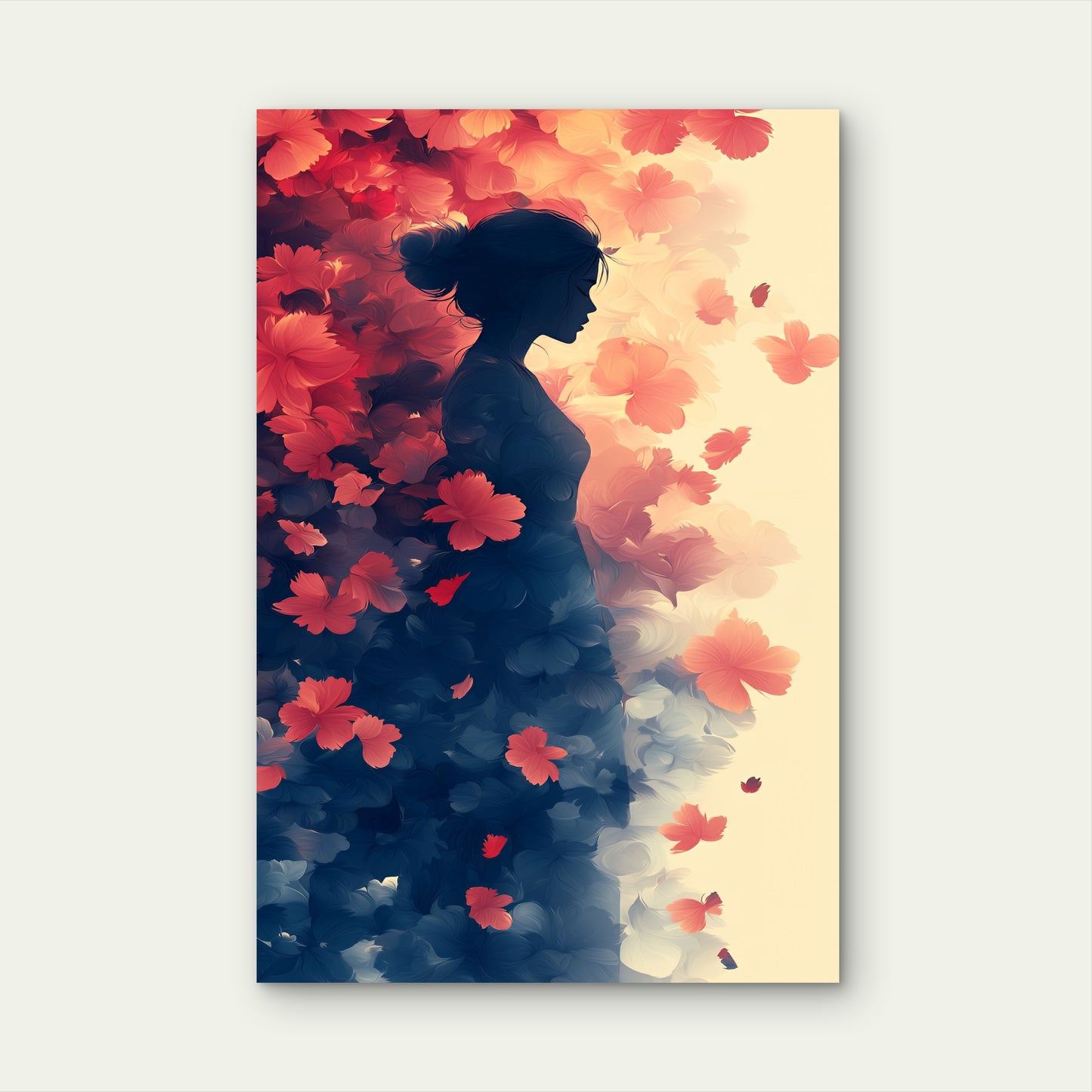 Silhouette Woman Floral Petals Dreamy Red Peach Cream 40x60cm Metal Print Ready to Hang