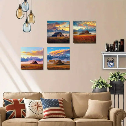 4pcs Vintage Teton Barn Vibrant Sun TT  Wall Art Canvas Framed