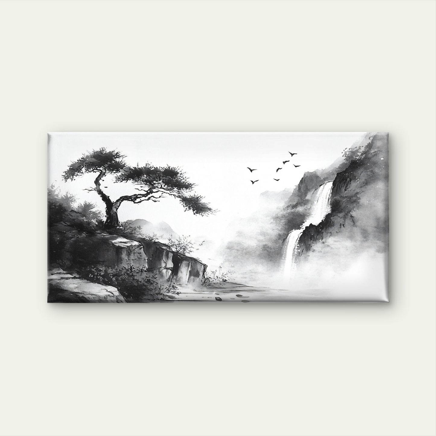 Misty Mountain Waterfall Scene Wall Art Canvas Office Home Room Framed 120x60cm
