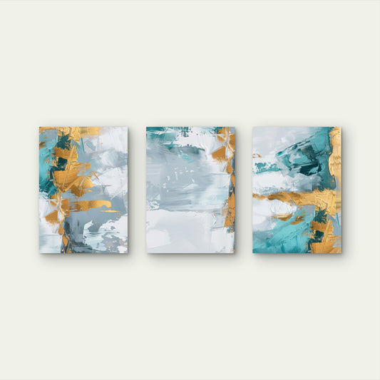 3pcs Teal Mint Turquoise Grey Gold Foil Abstract Wall Art Set Canvas Framed 60x90cm - High Quality Print 100% Australian Made Wall Canvas Ready to Hang