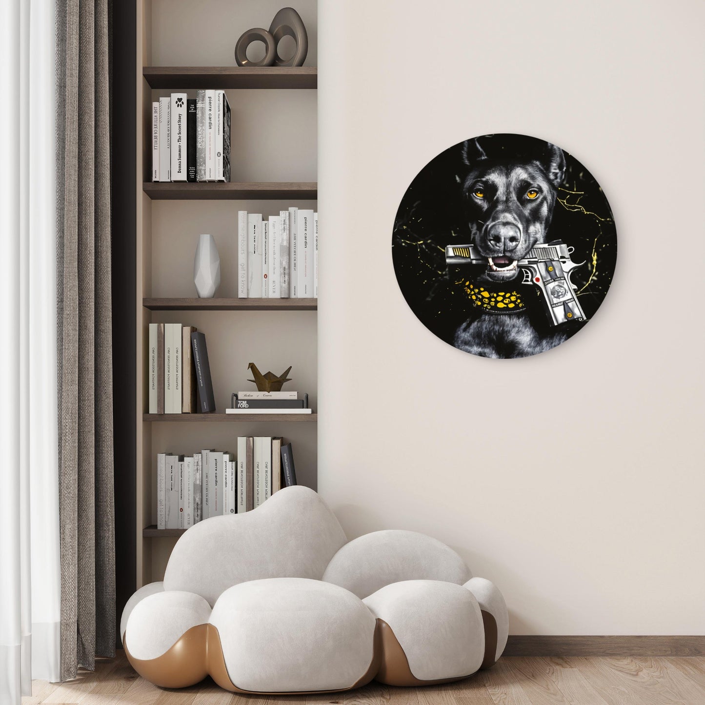 Modern Black Fashion Dobermann Dog with Gun Acrylic Glass Rounded Print Tempered Glass Wall Art 100% Made in Australia Ready to Hang