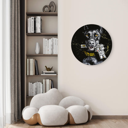 Modern Black Fashion Dobermann Dog with Gun Acrylic Glass Rounded Print Tempered Glass Wall Art 100% Made in Australia Ready to Hang