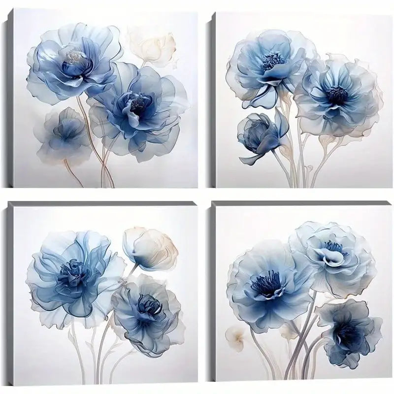 4pcs Blue Flower Wall Art Canvas Framed