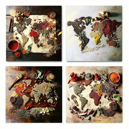 4pcs Spice Map Design Wall Art Canvas Framed