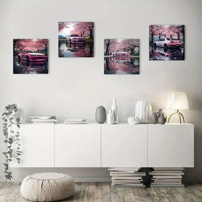4pcs Car Under A Cherry Tree Wall Art Canvas Framed