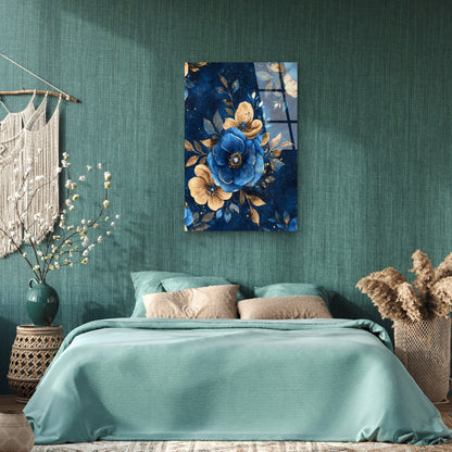 Navy Royal Blue Gold Flowers Acrylic Glass Printing Wall Art Australian Made Quality