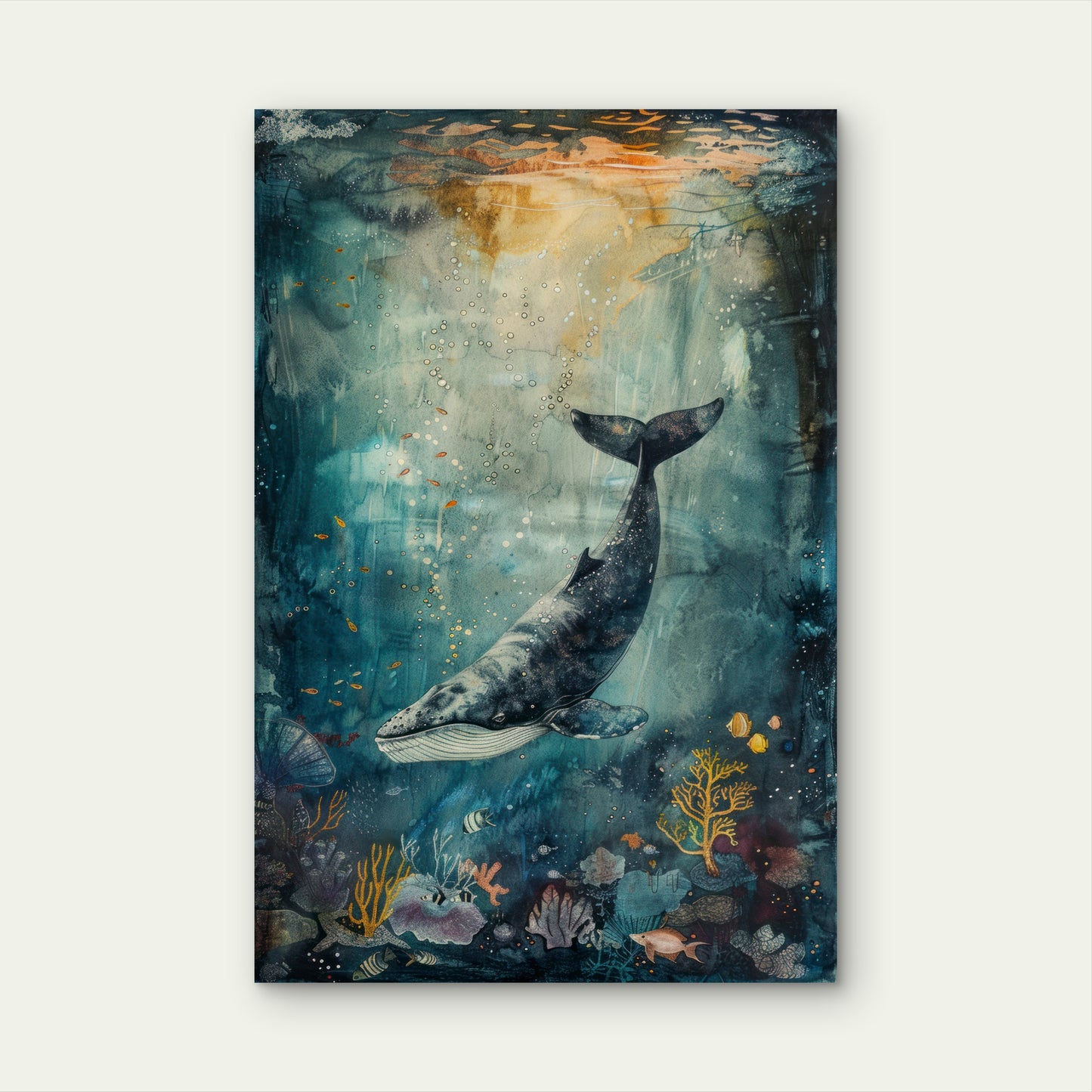 Whale Swimming Among Coral Reefs and Fish 60x90cm Metal Print Ready to Hang