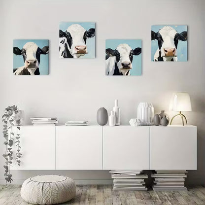 4pcs Cute Cow Face Wall Art Canvas Framed