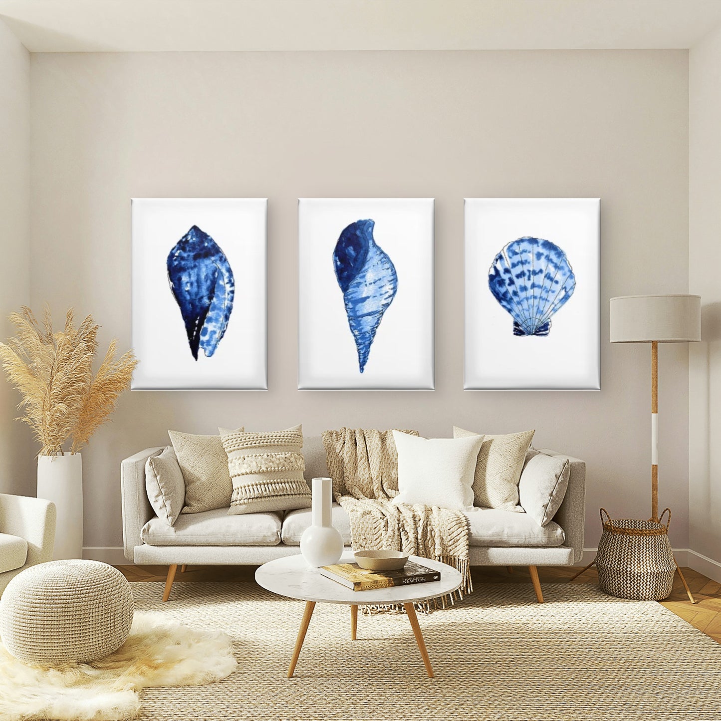 3pcs Coastal Blue Watercolor Seashell Marine Life Ocean Beach Hamptons Wall Art Set Canvas Framed 40x60cm - High Quality Print 100% Australian Made Wall Canvas Ready to Hang