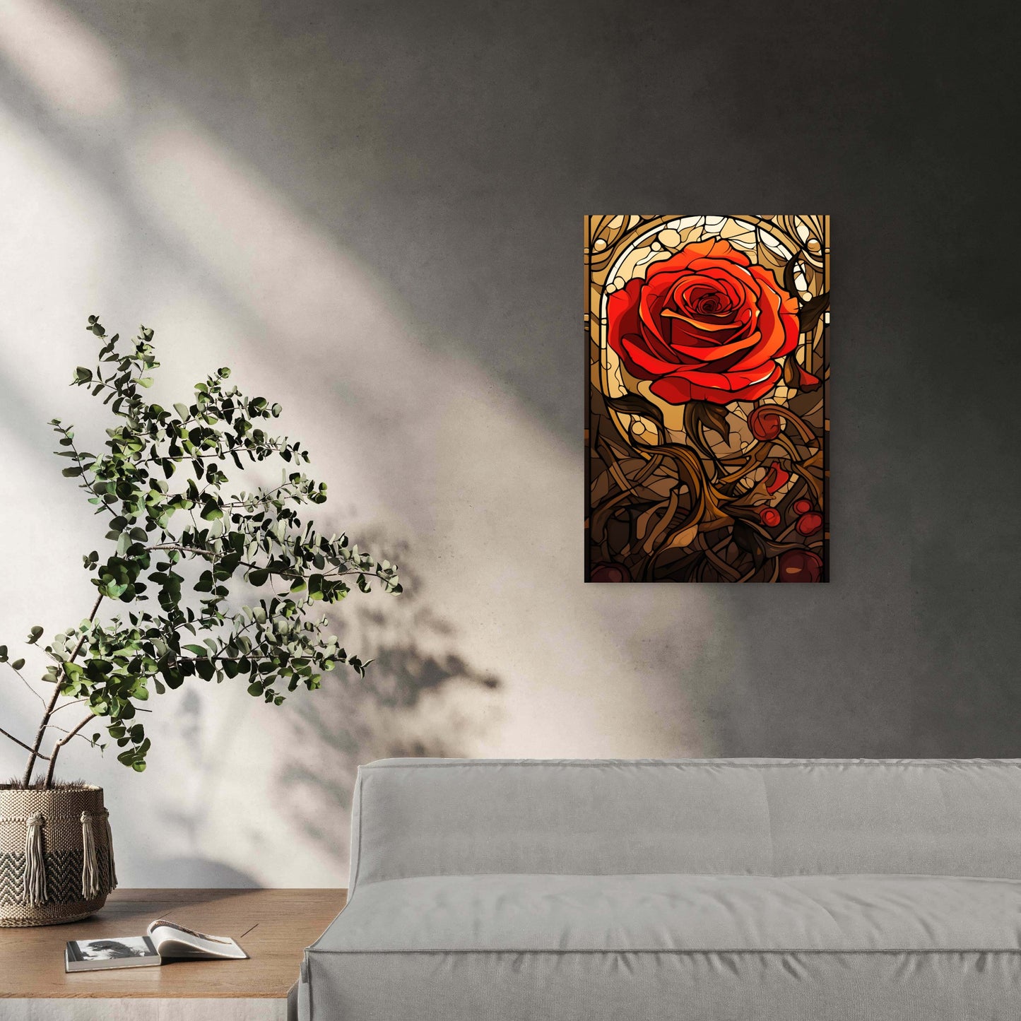 Red Rose Glass Floral Vine 40x60cm Metal Print Ready to Hang