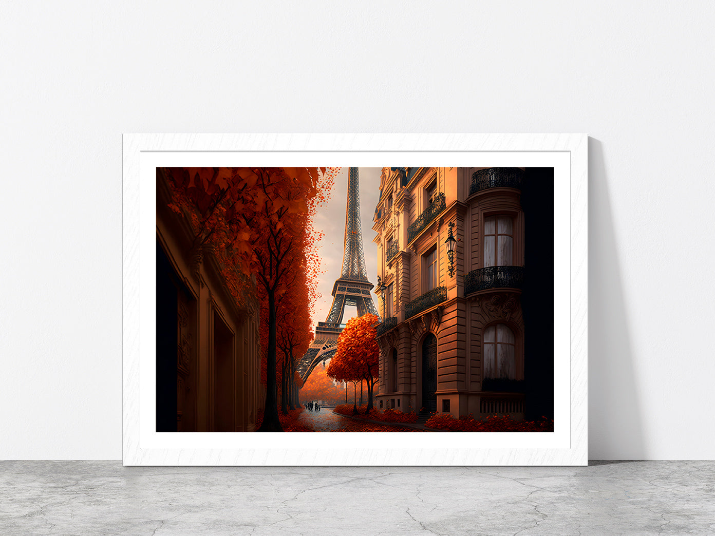 Eiffel Tower In Paris & Autumn Street Print Glass Framed Wall Art, Ready to Hang Quality Print With White Border White