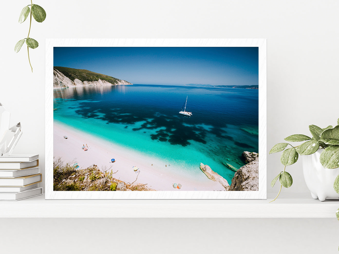 White Catamaran yacht In Sea water Glass Framed Wall Art, Ready to Hang Quality Print Without White Border White