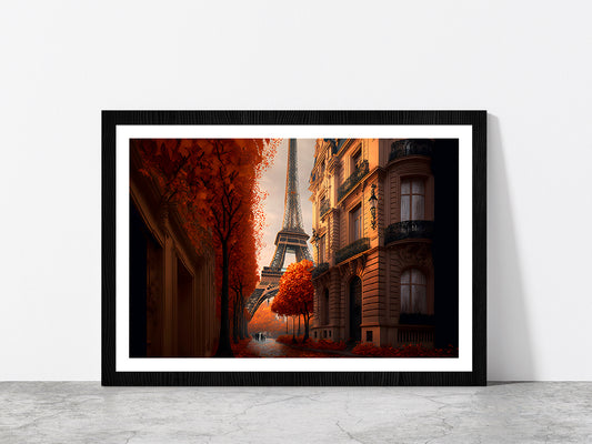 Eiffel Tower In Paris & Autumn Street Print Glass Framed Wall Art, Ready to Hang Quality Print With White Border Black