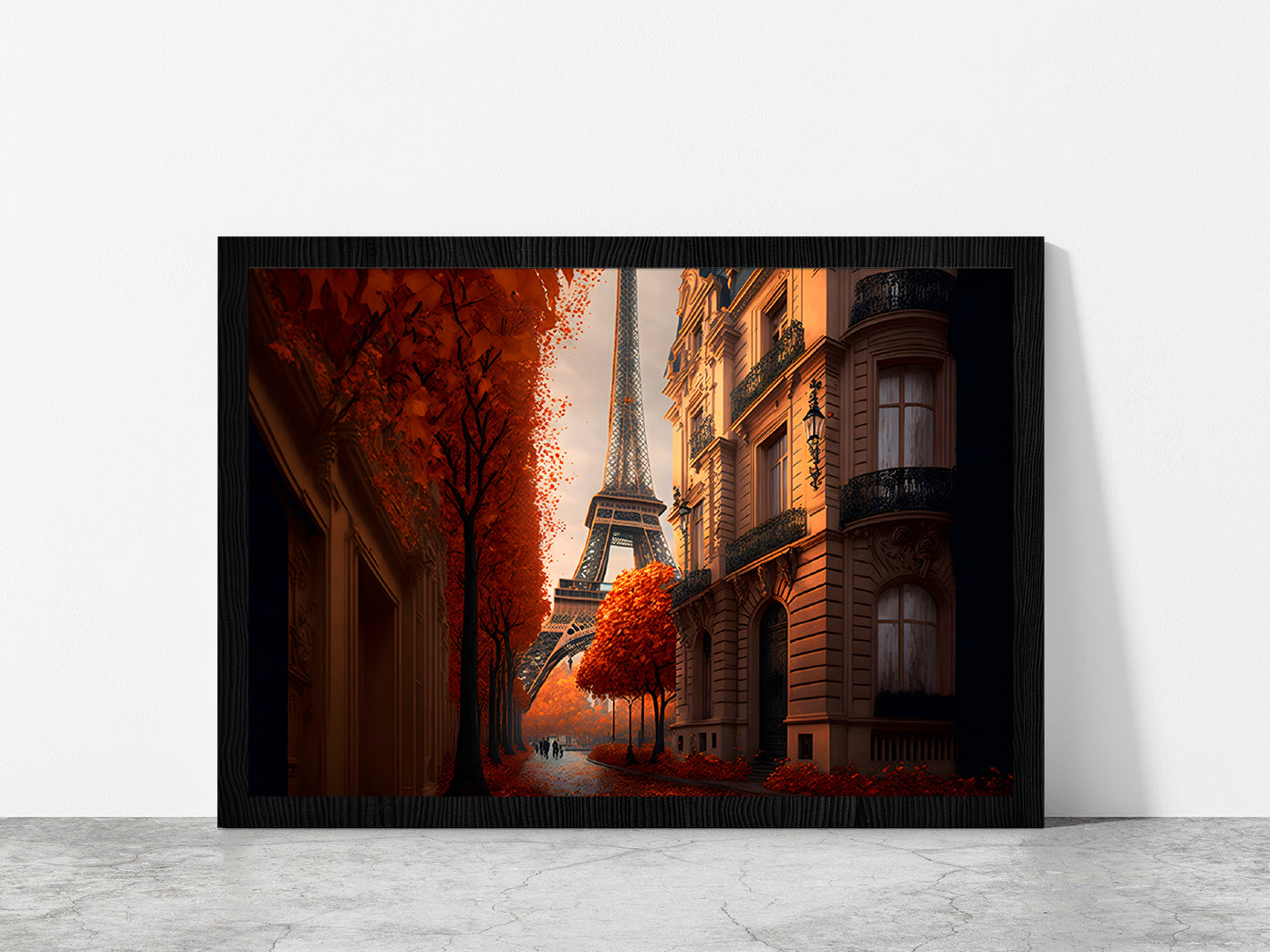 Eiffel Tower In Paris & Autumn Street Print Glass Framed Wall Art, Ready to Hang Quality Print Without White Border Black