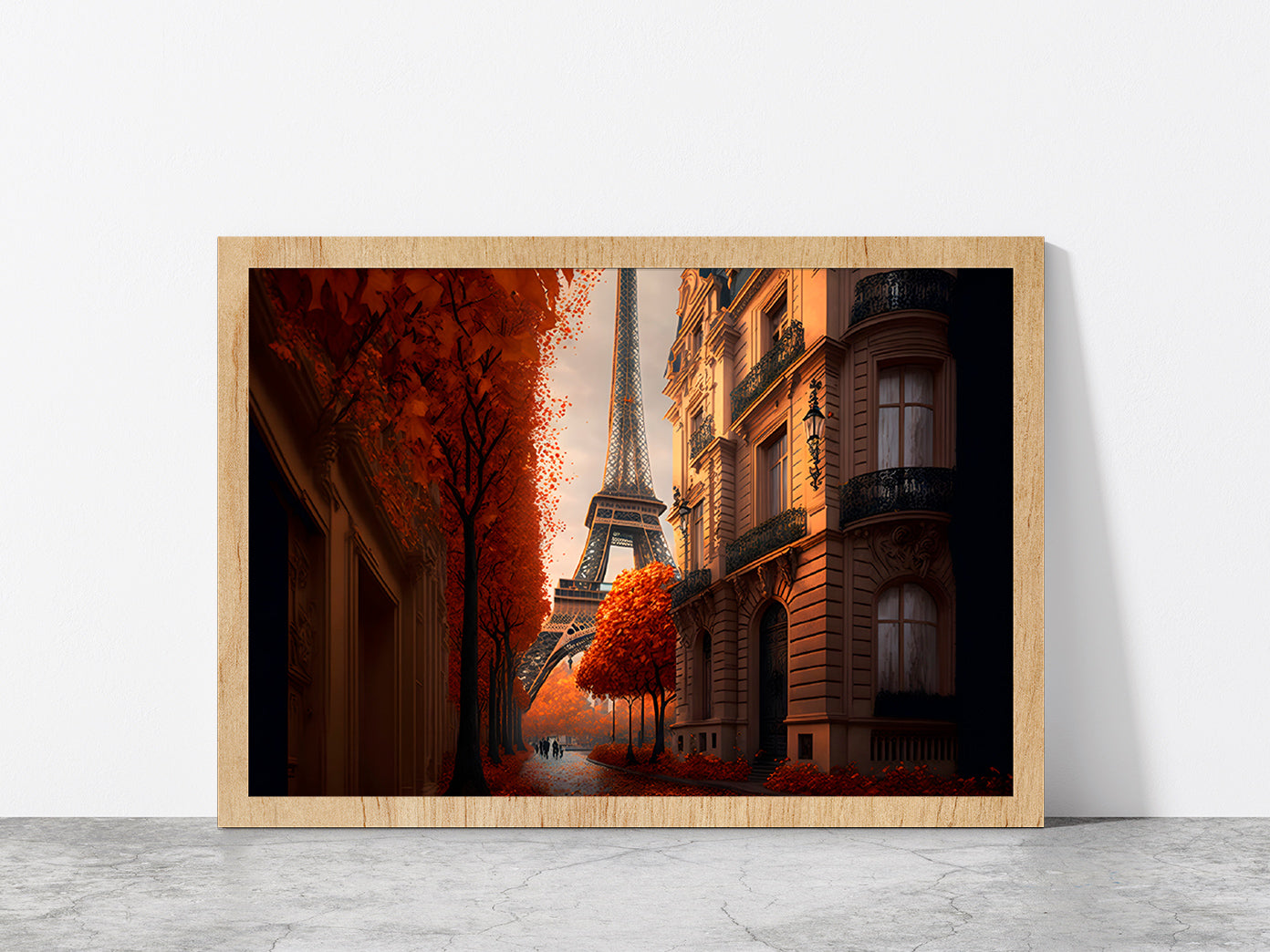 Eiffel Tower In Paris & Autumn Street Print Glass Framed Wall Art, Ready to Hang Quality Print Without White Border Oak