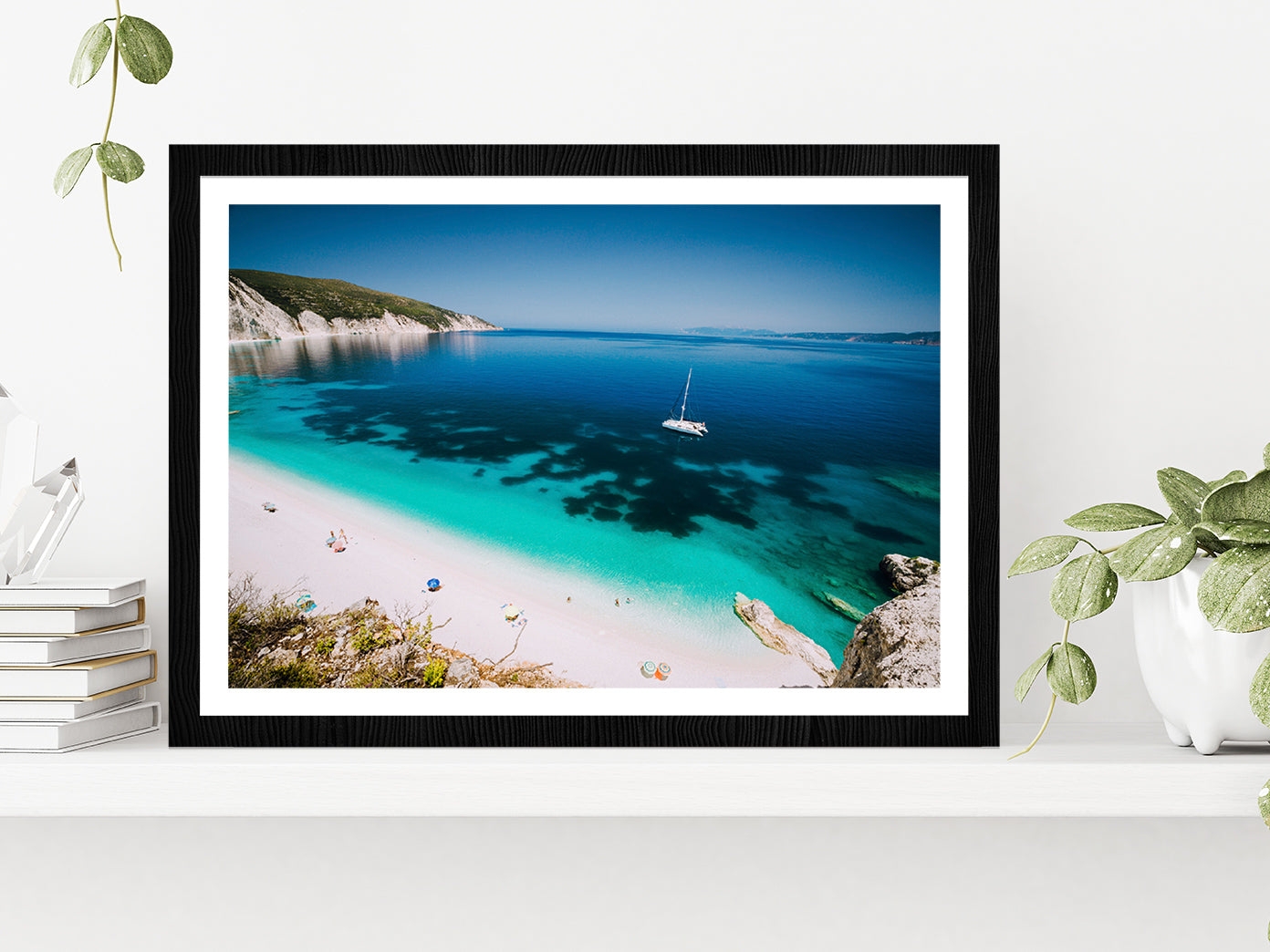 White Catamaran yacht In Sea water Glass Framed Wall Art, Ready to Hang Quality Print With White Border Black