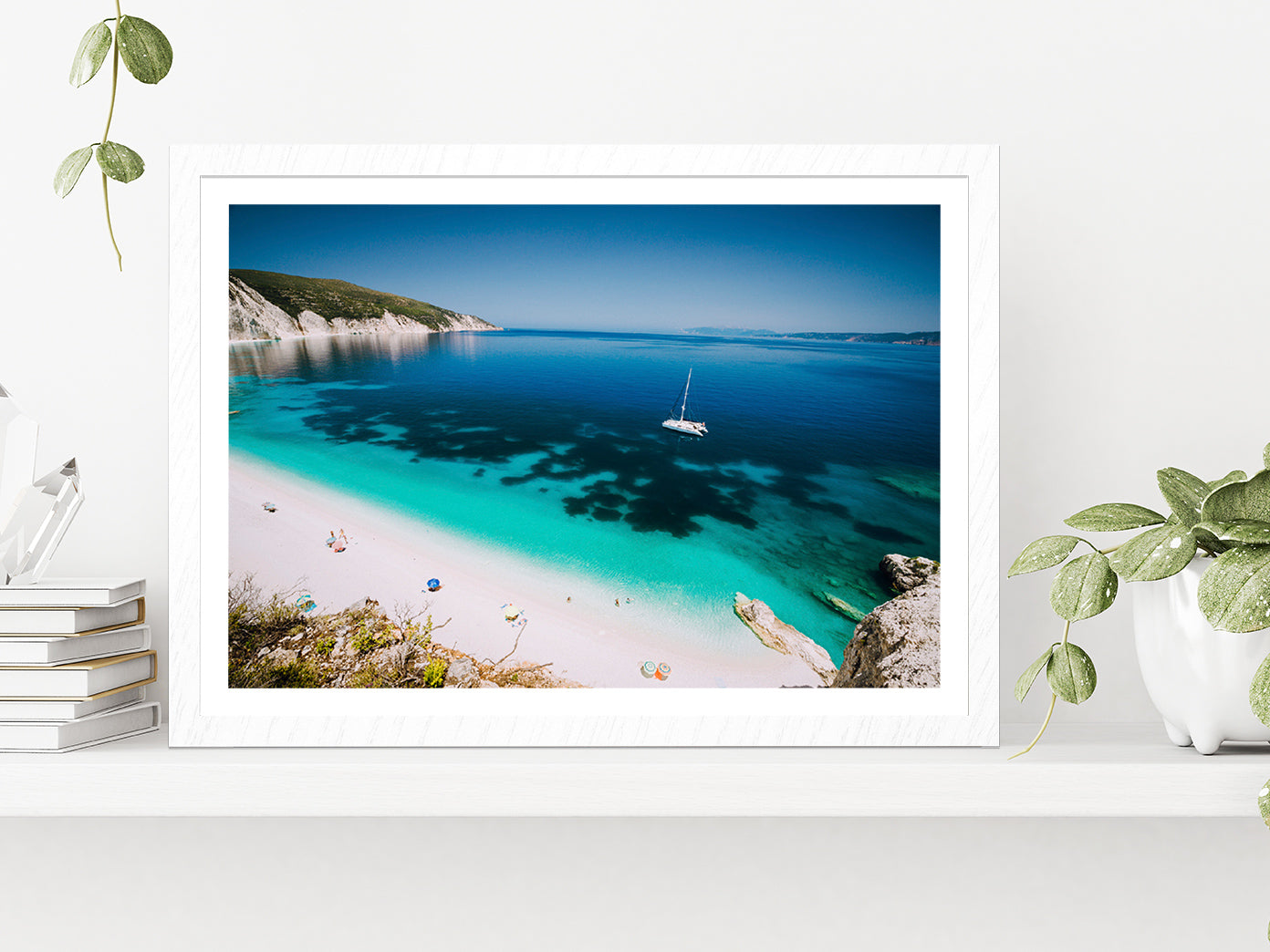 White Catamaran yacht In Sea water Glass Framed Wall Art, Ready to Hang Quality Print With White Border White