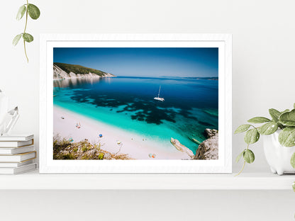 White Catamaran yacht In Sea water Glass Framed Wall Art, Ready to Hang Quality Print With White Border White