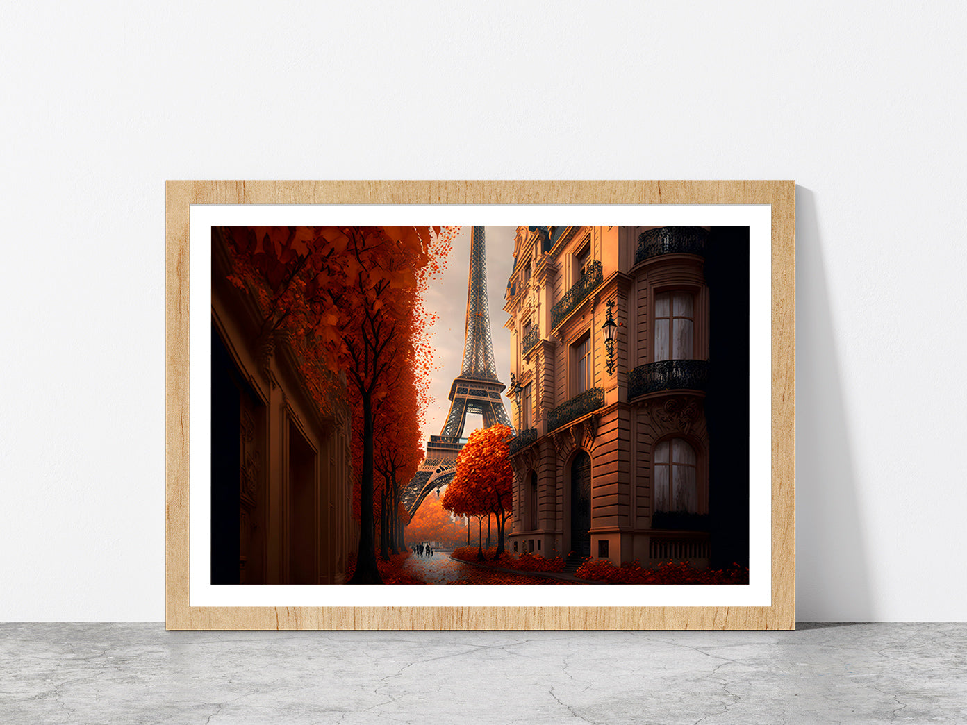 Eiffel Tower In Paris & Autumn Street Print Glass Framed Wall Art, Ready to Hang Quality Print With White Border Oak