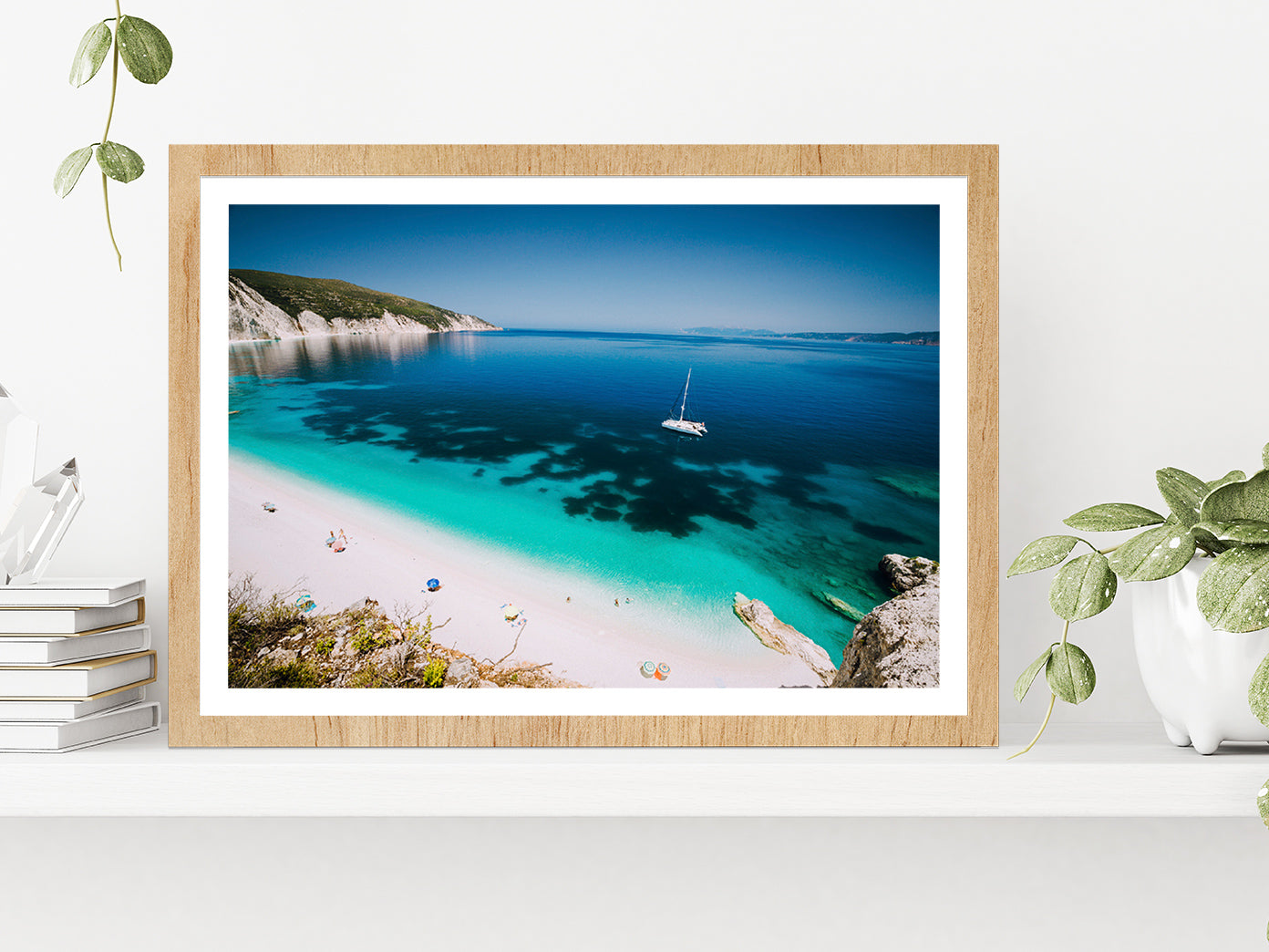 White Catamaran yacht In Sea water Glass Framed Wall Art, Ready to Hang Quality Print With White Border Oak