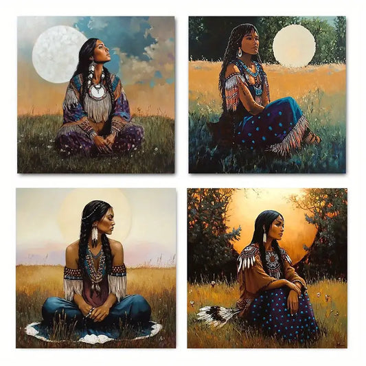 4pcs  Aboriginal Traditional Woman Wall Art Canvas Framed