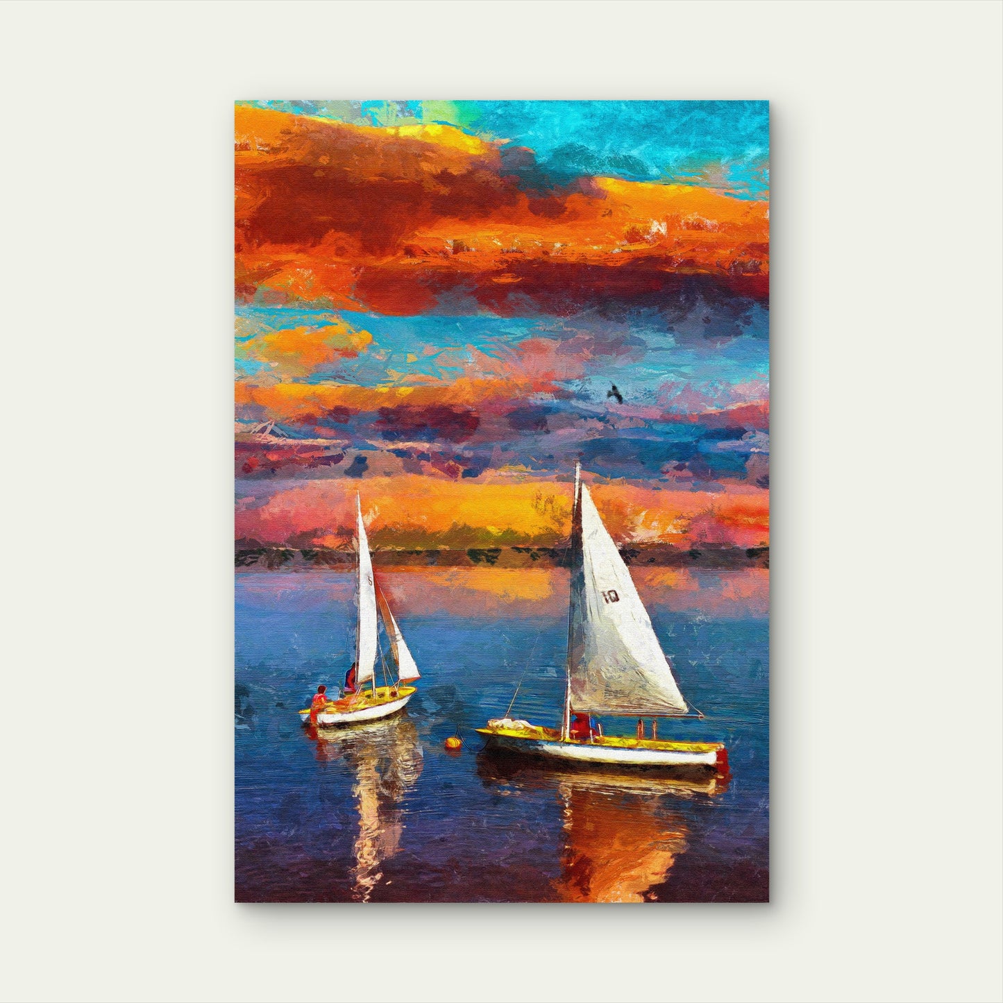Scenic Oil Painting Sunset Sailboat Ocean 40x60cm Metal Print Ready to Hang