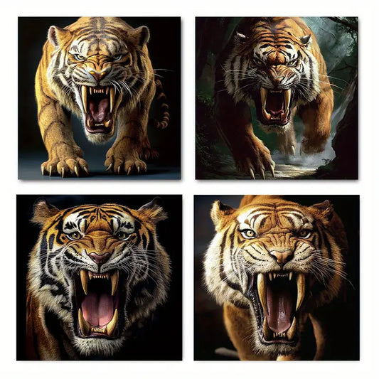4pcs Realistic Angry Tiger Prints Wall Art Canvas Framed